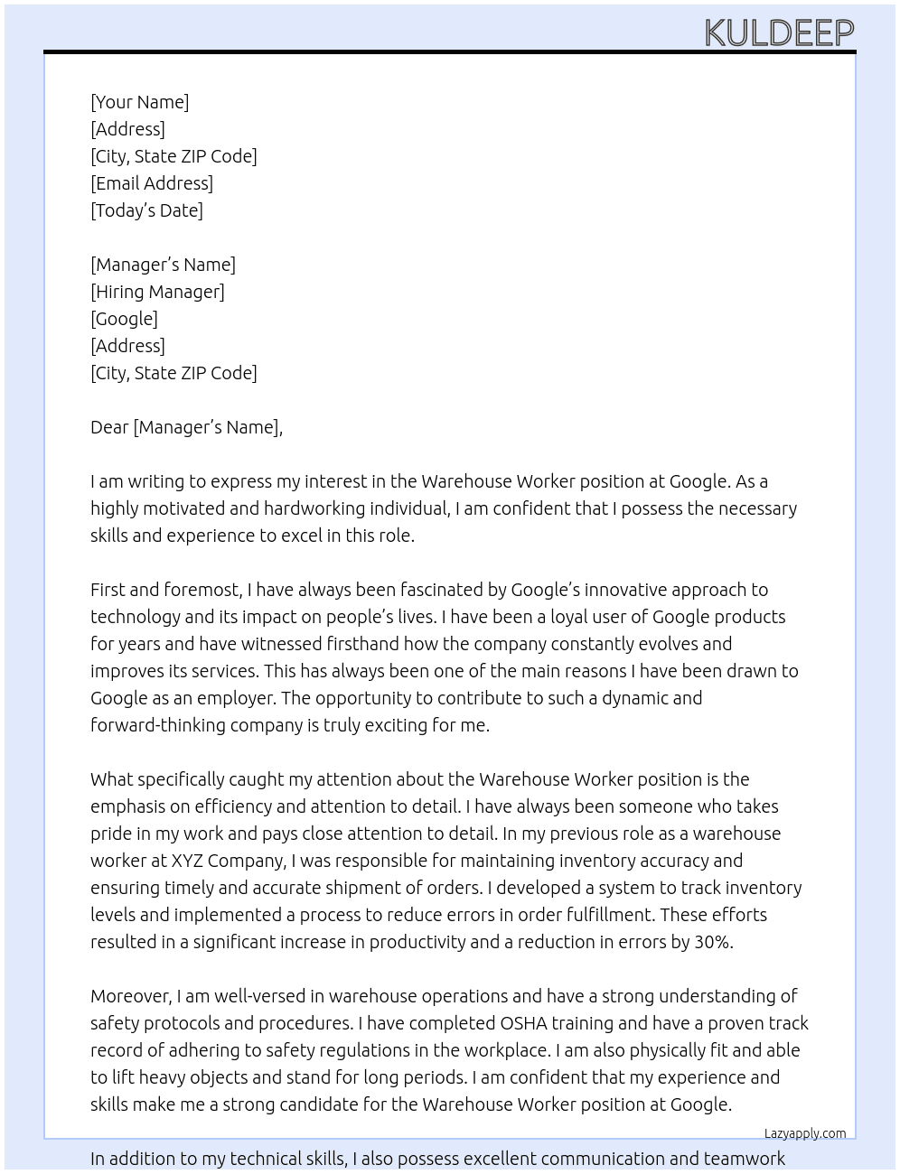 Warehouse worker At Google Cover Letter
