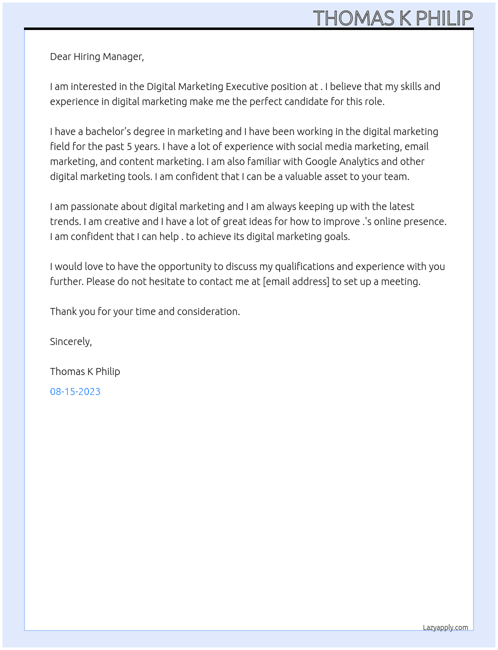 Digital Marketing Executive At . Cover Letter
