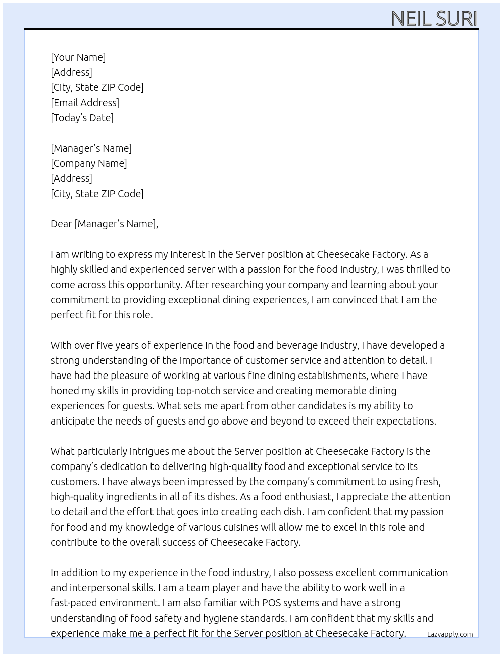Server At Cheesecake Factory Cover Letter
