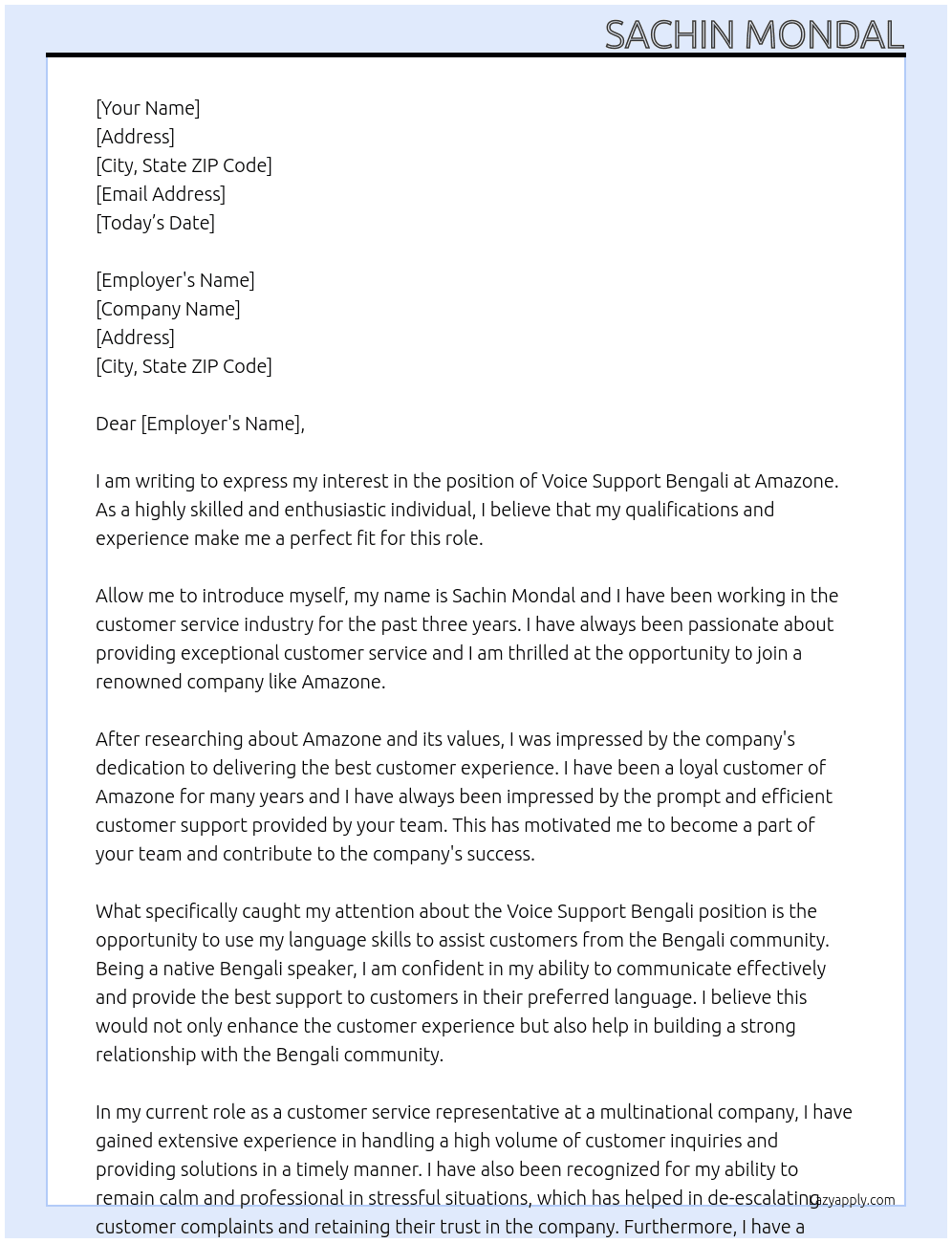 Voice support Bengali  At Amazone Cover Letter