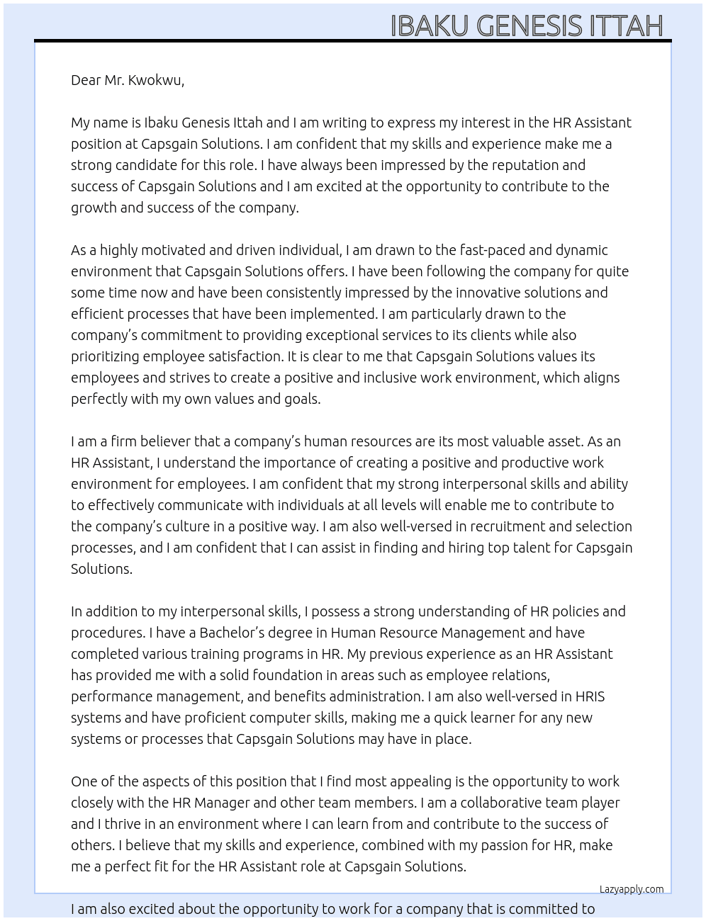 HR Assistant  At Capsgain Solutions  Cover Letter