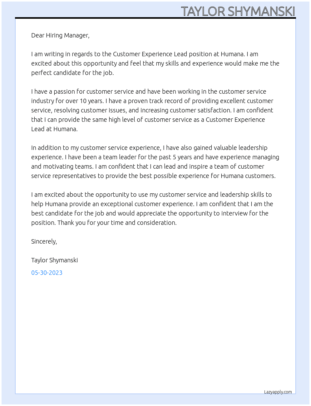 Customer Experience Lead At Humana  Cover Letter