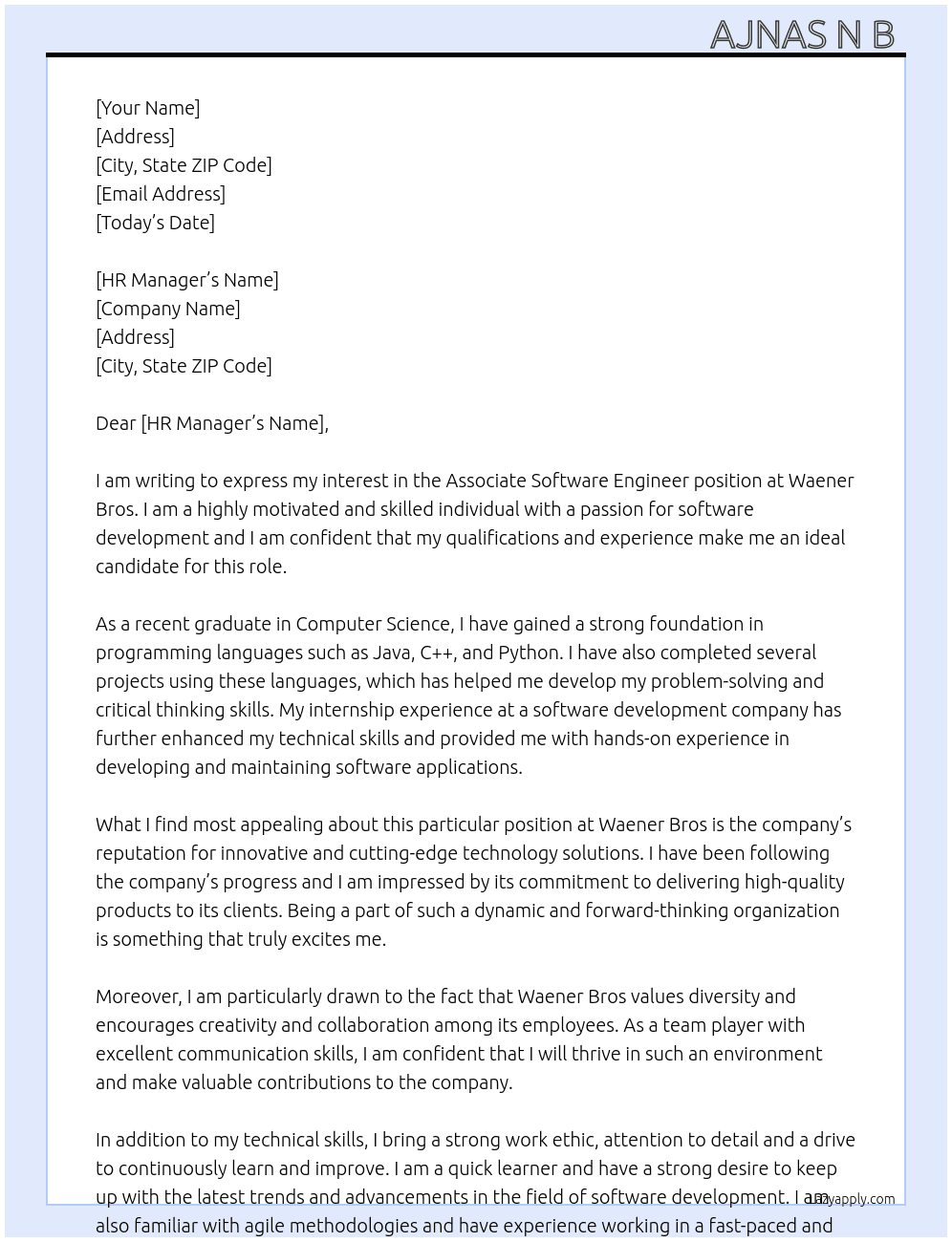 Associate software engineer  At Waener Bros Cover Letter