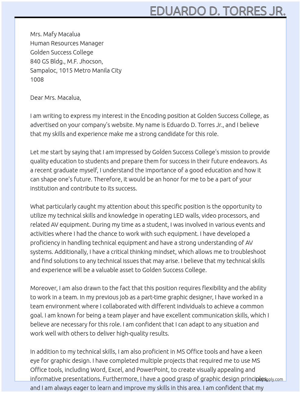 Encoding At Golden Success College Cover Letter