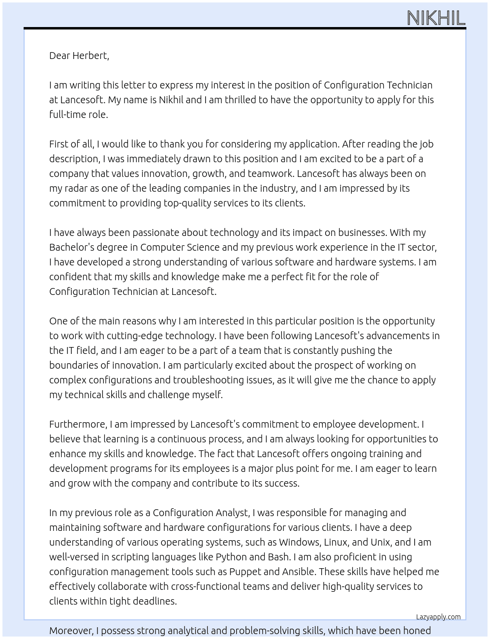 configuration technician At lancesoft Cover Letter