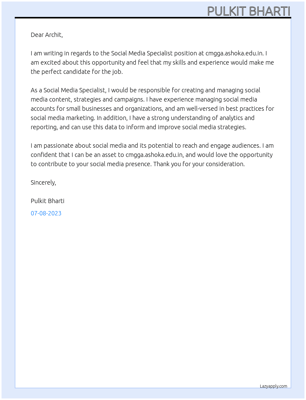 Social Media Specialist At cmgga.ashoka.edu.in Cover Letter
