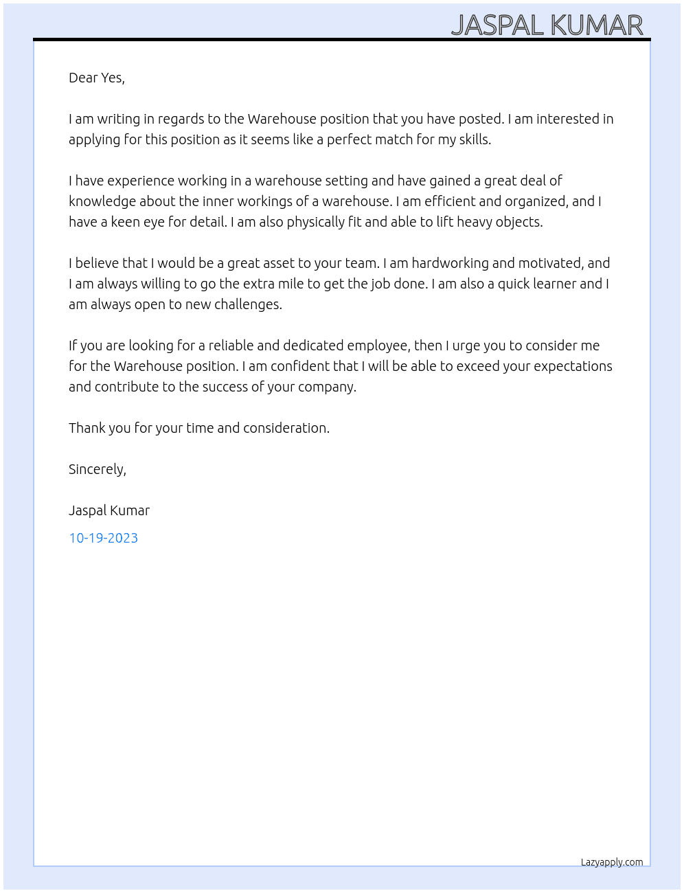Warehouse  At Yes Cover Letter