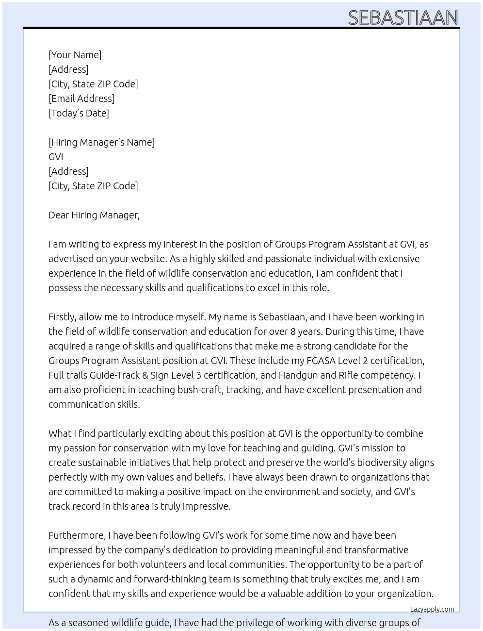 Groups Program Assistant  At GVI Cover Letter