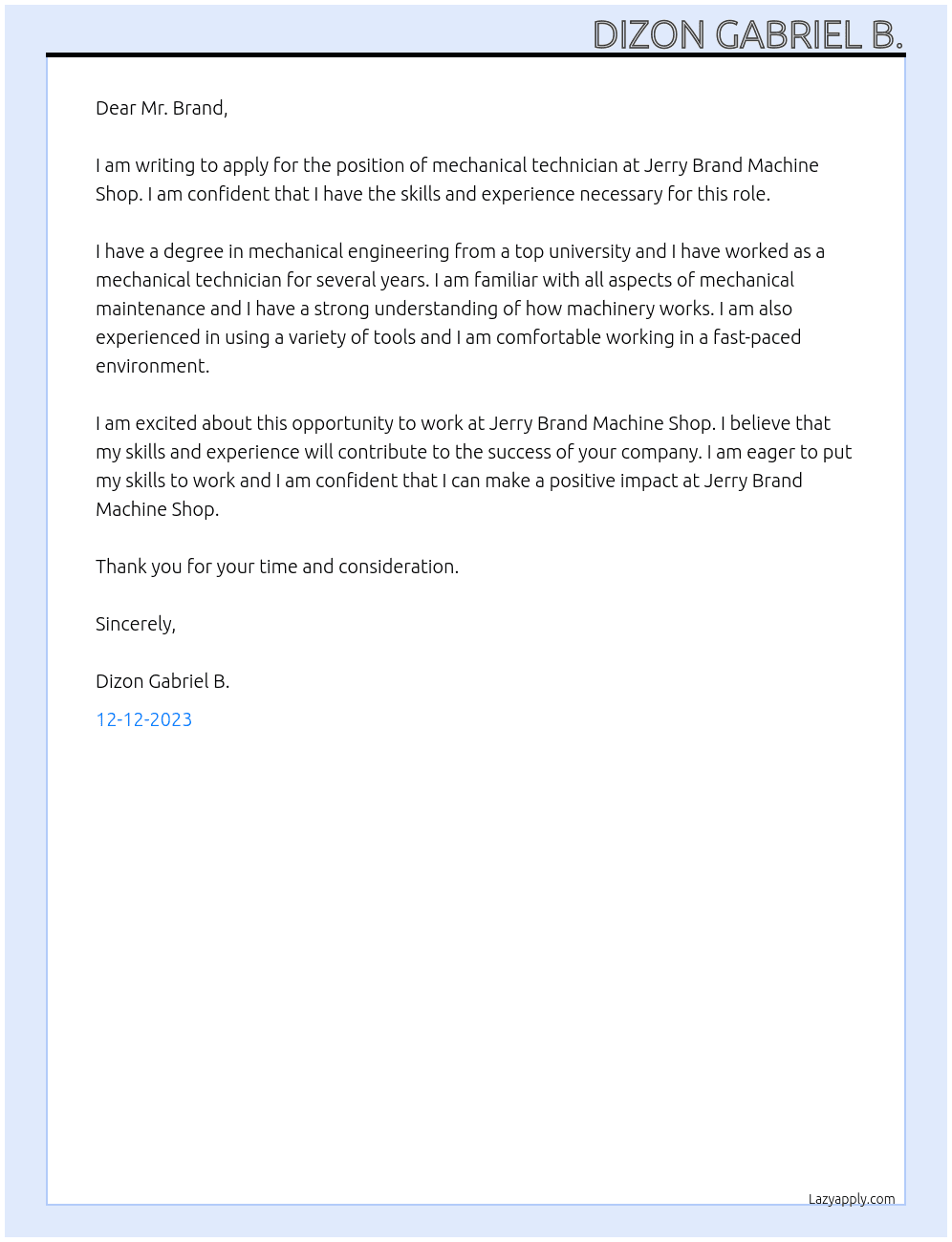 mechanical technician At jerry brand machine shop Cover Letter
