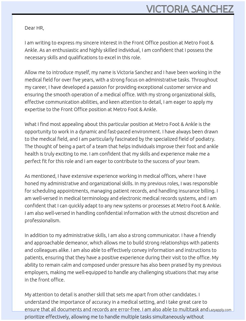 Front Office At Metro Foot & Ankle Cover Letter