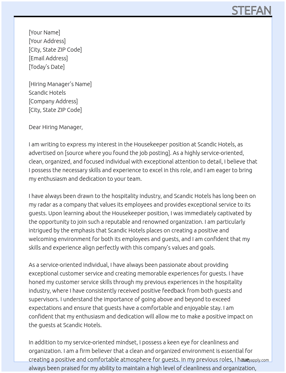 Housekeeper At Scandic Hotels Cover Letter