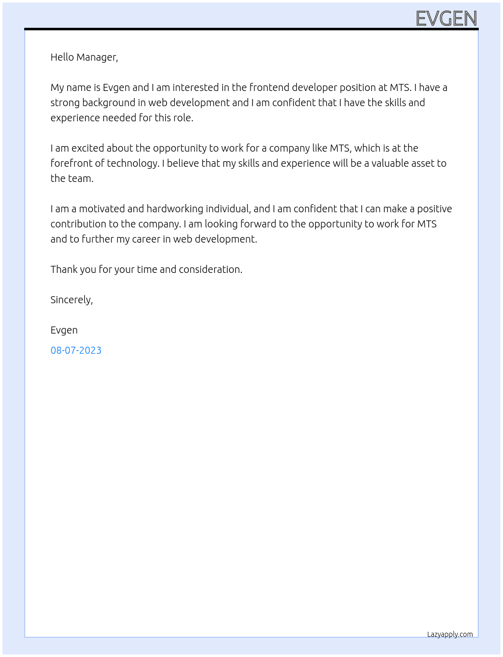 Frontend developer At MTS Cover Letter