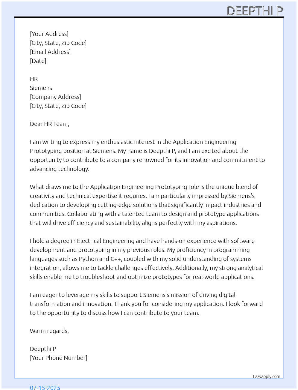 Cover letter for application engineering prototyping - LazyApply