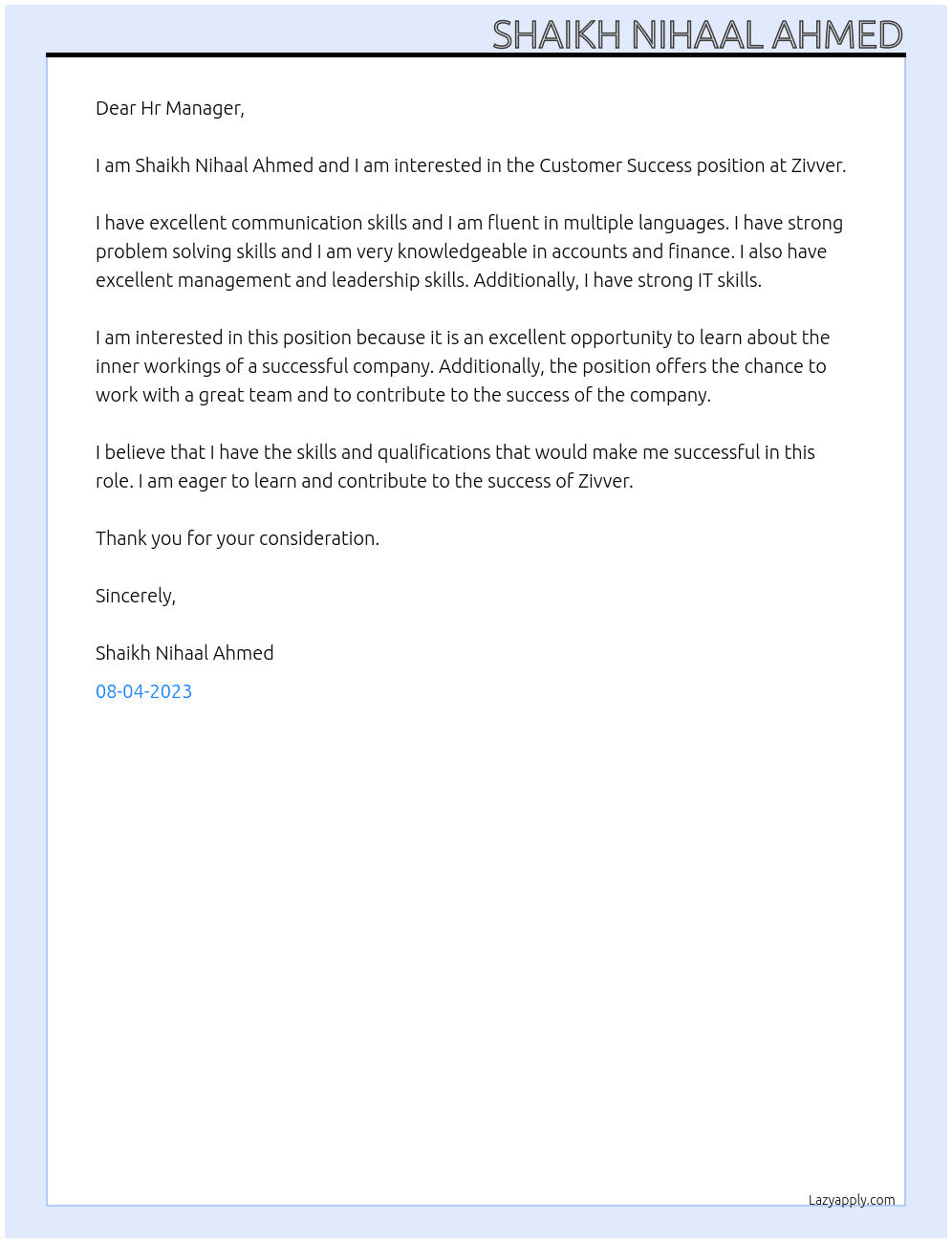 Customer sucesss At Zivver Cover Letter