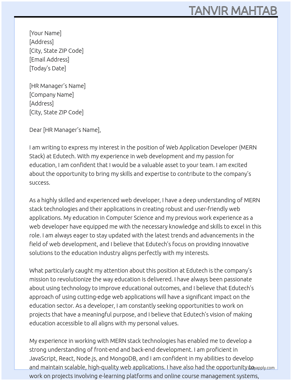 WEB APPLICATION DEVELOPER (MERN STACK) EDUCATION At Edutech Cover Letter