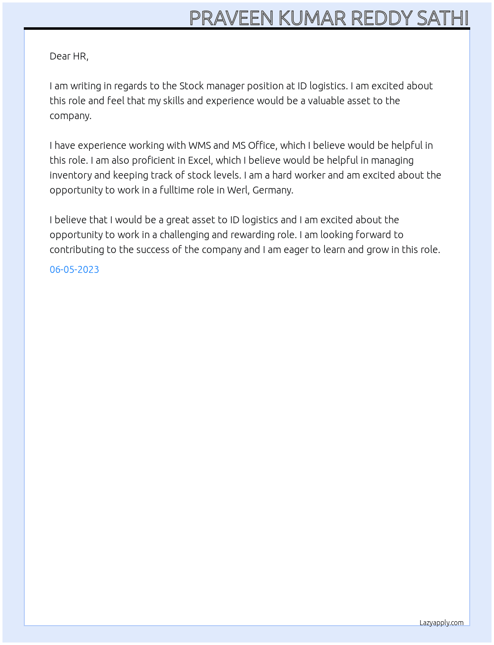 Stock manager At ID logistics  Cover Letter
