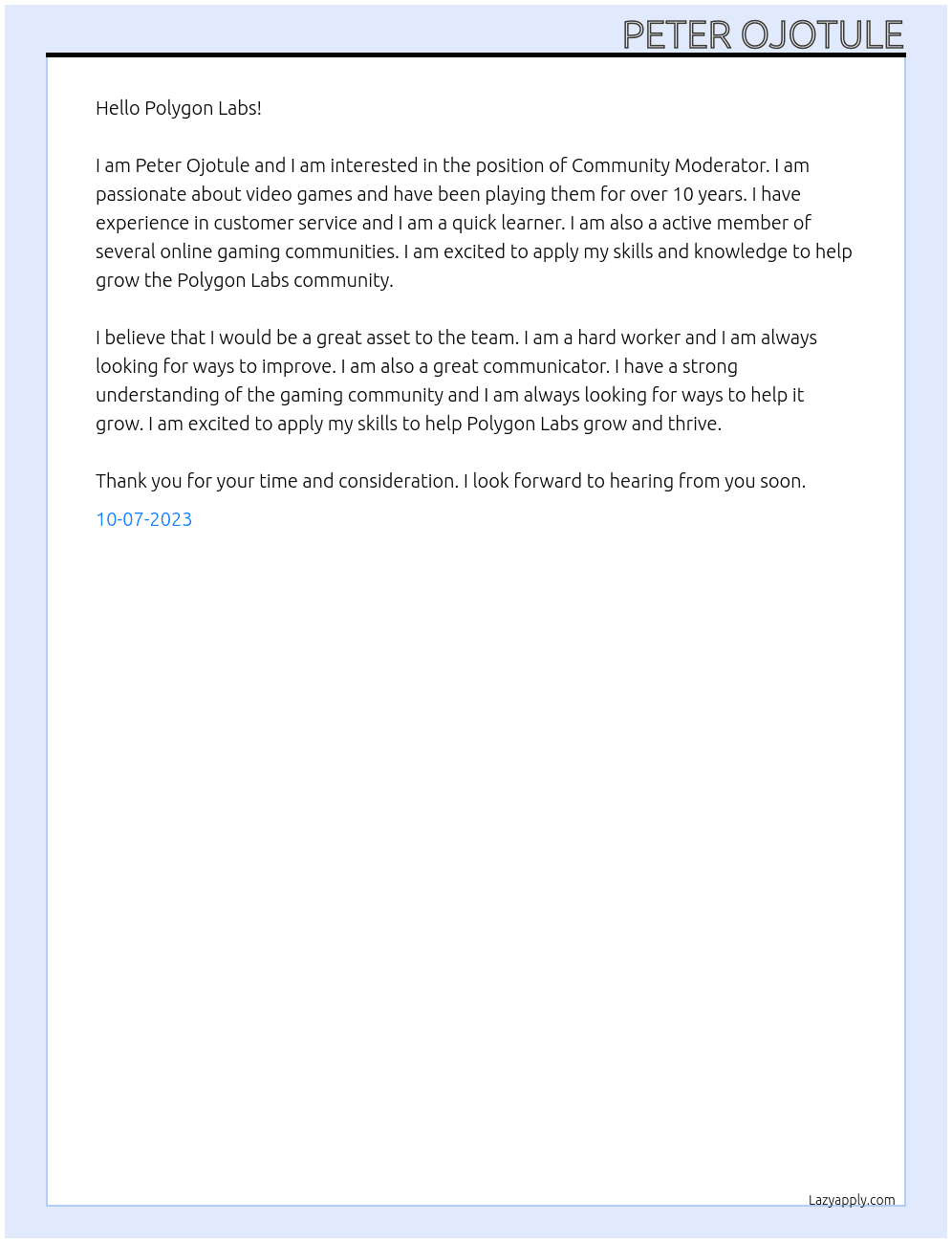 Community Moderator At Polygon Labs Cover Letter