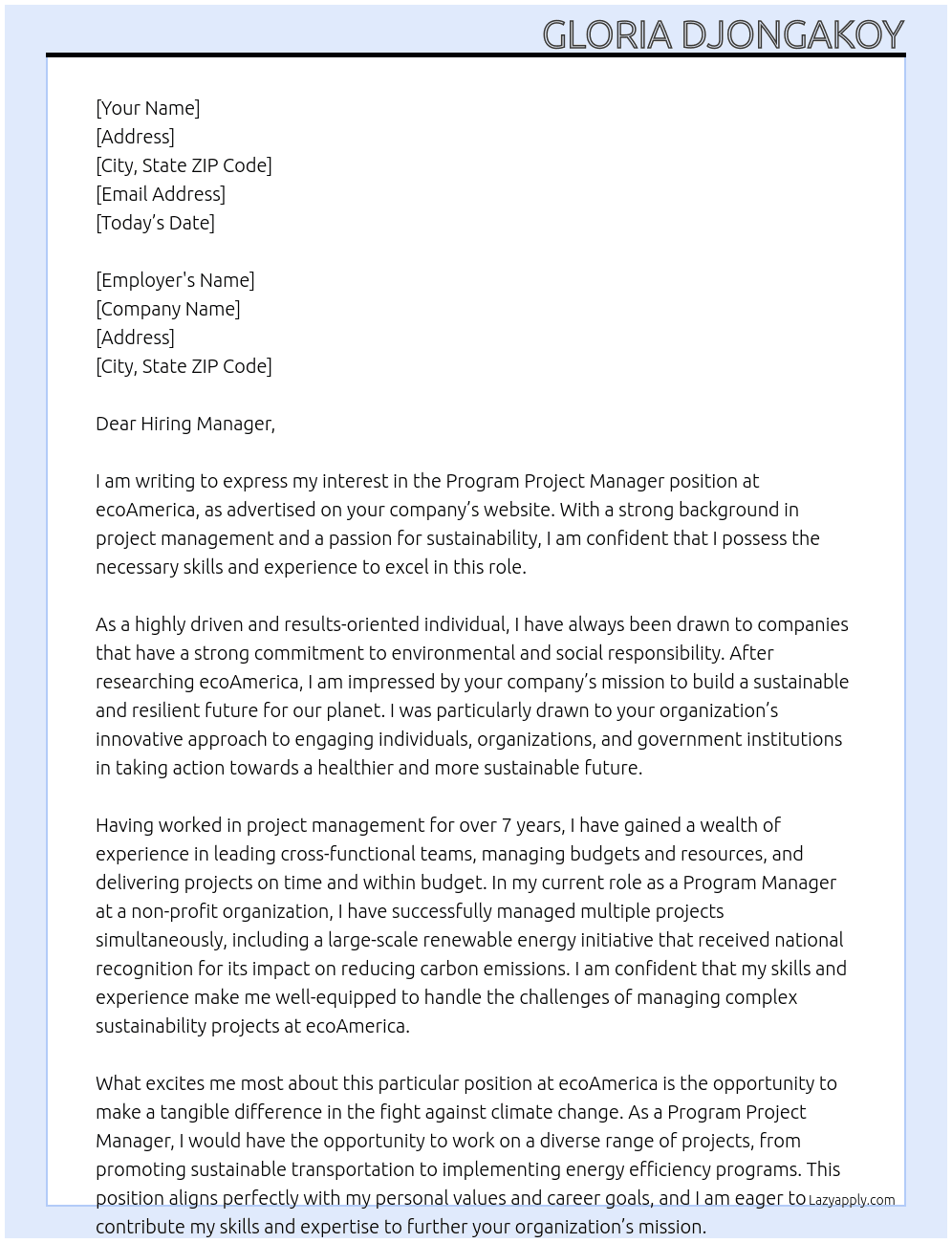 Program Project Manager At ecoAmerica Cover Letter