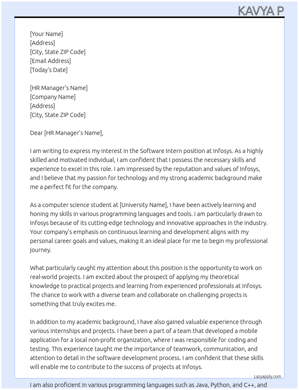 Software intern At Infosys  Cover Letter