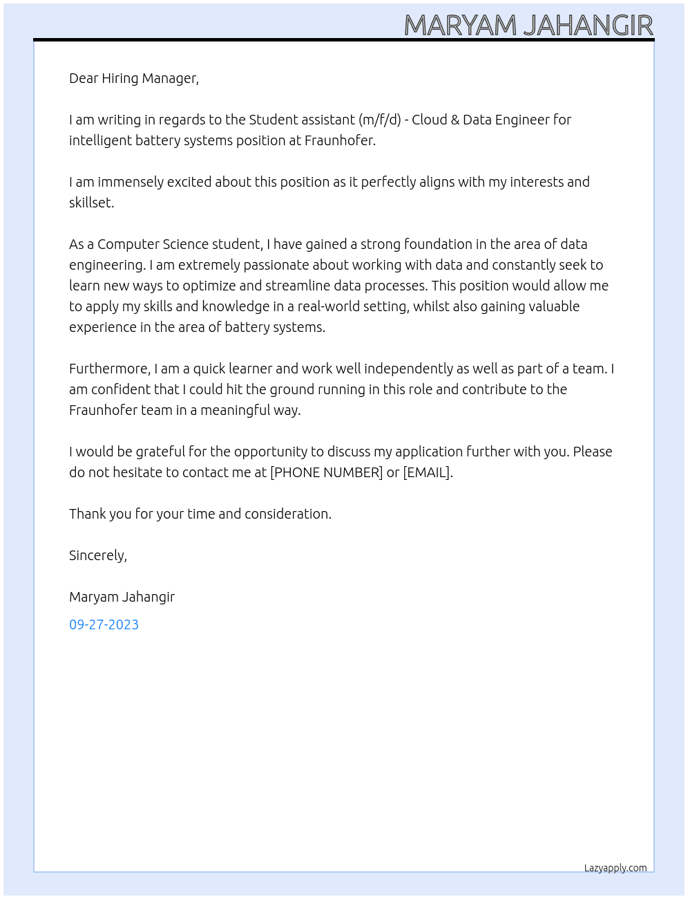 Student assistant (m/f/d) - Cloud & Data Engineer for intelligent battery systems At Fraunhofer Cover Letter