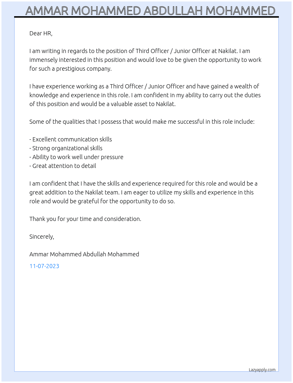 Third Officer / Junior Officer At Nakilat Cover Letter