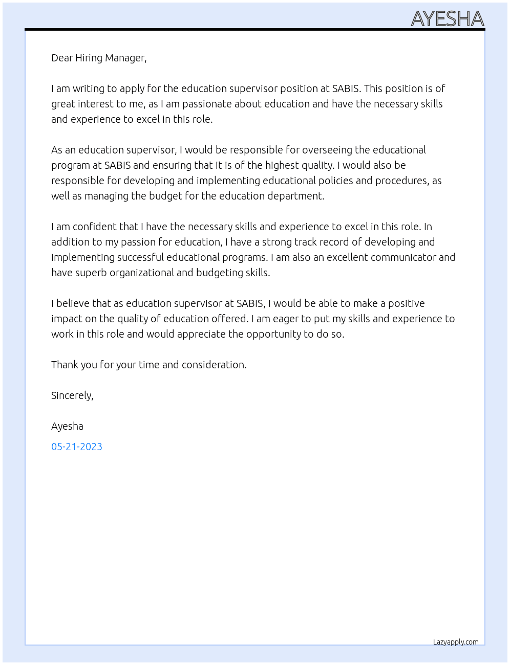 education supervisor At SABIS Cover Letter