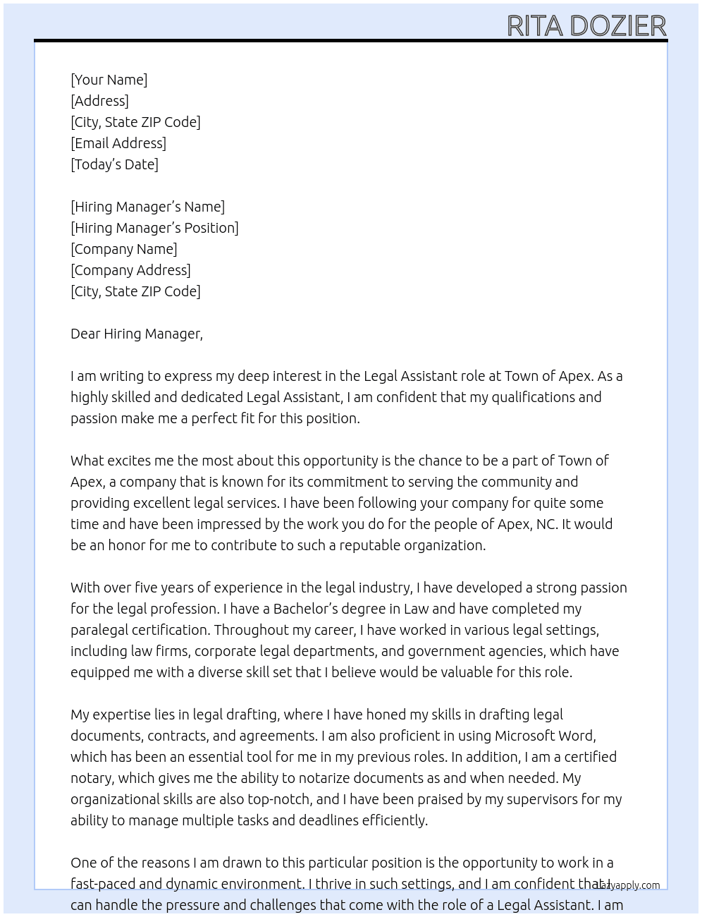 Legal Assistant  At Town of Apex Cover Letter