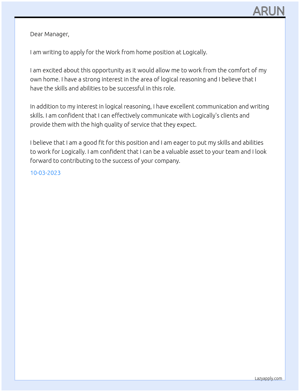 Work from home  At Logically  Cover Letter