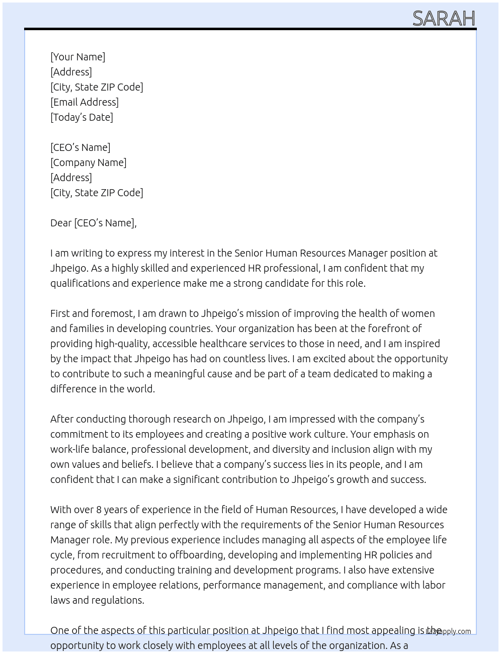Senior Human Resources Manager At Jhpeigo Cover Letter