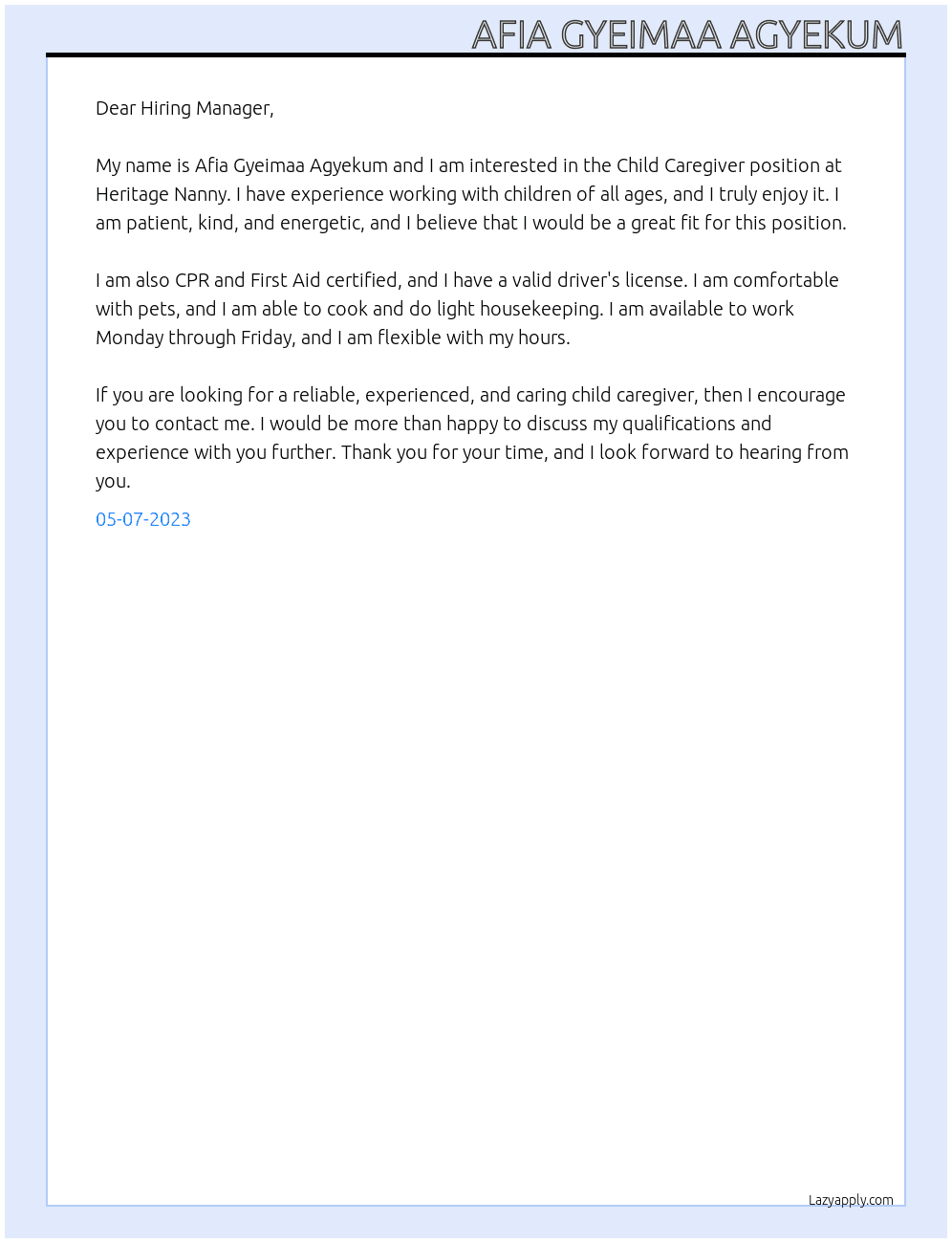 Child Caregiver At Heritage Nanny  Cover Letter