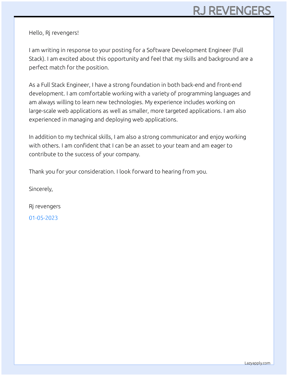 Software Development Engineer (Full Stack) At Rj revengers  Cover Letter
