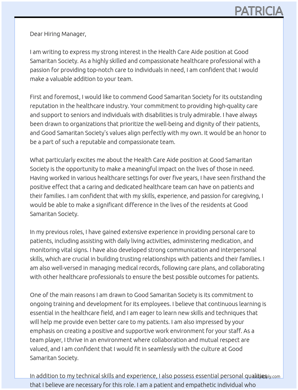 Health Care Aide At Good Samaritan Society  Cover Letter