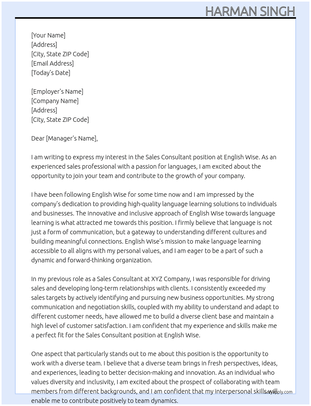 Sales Consultant  At English Wise Cover Letter