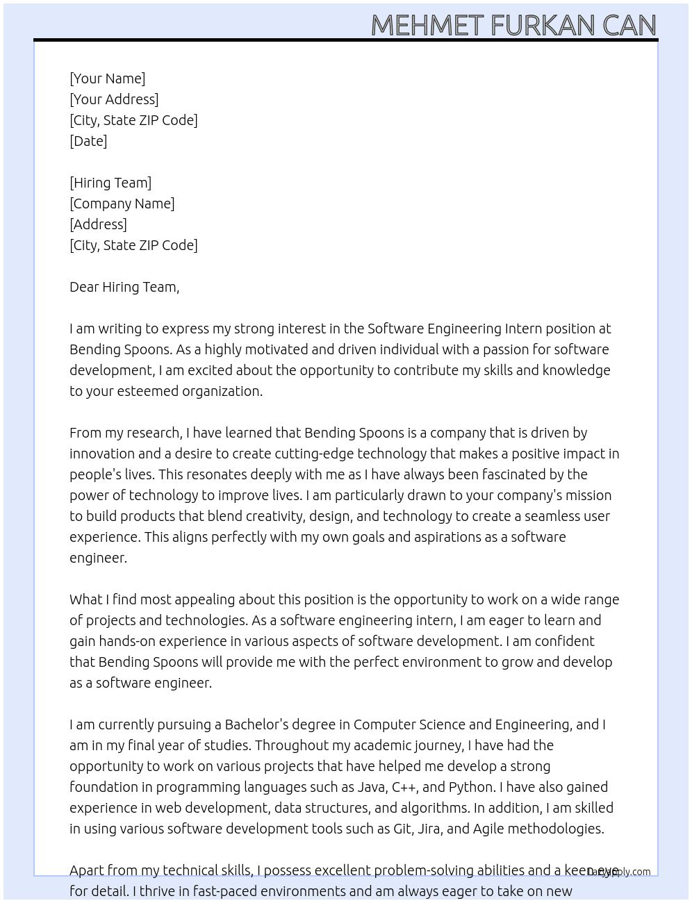 Software Engineering Intern At Bending Spoons Cover Letter