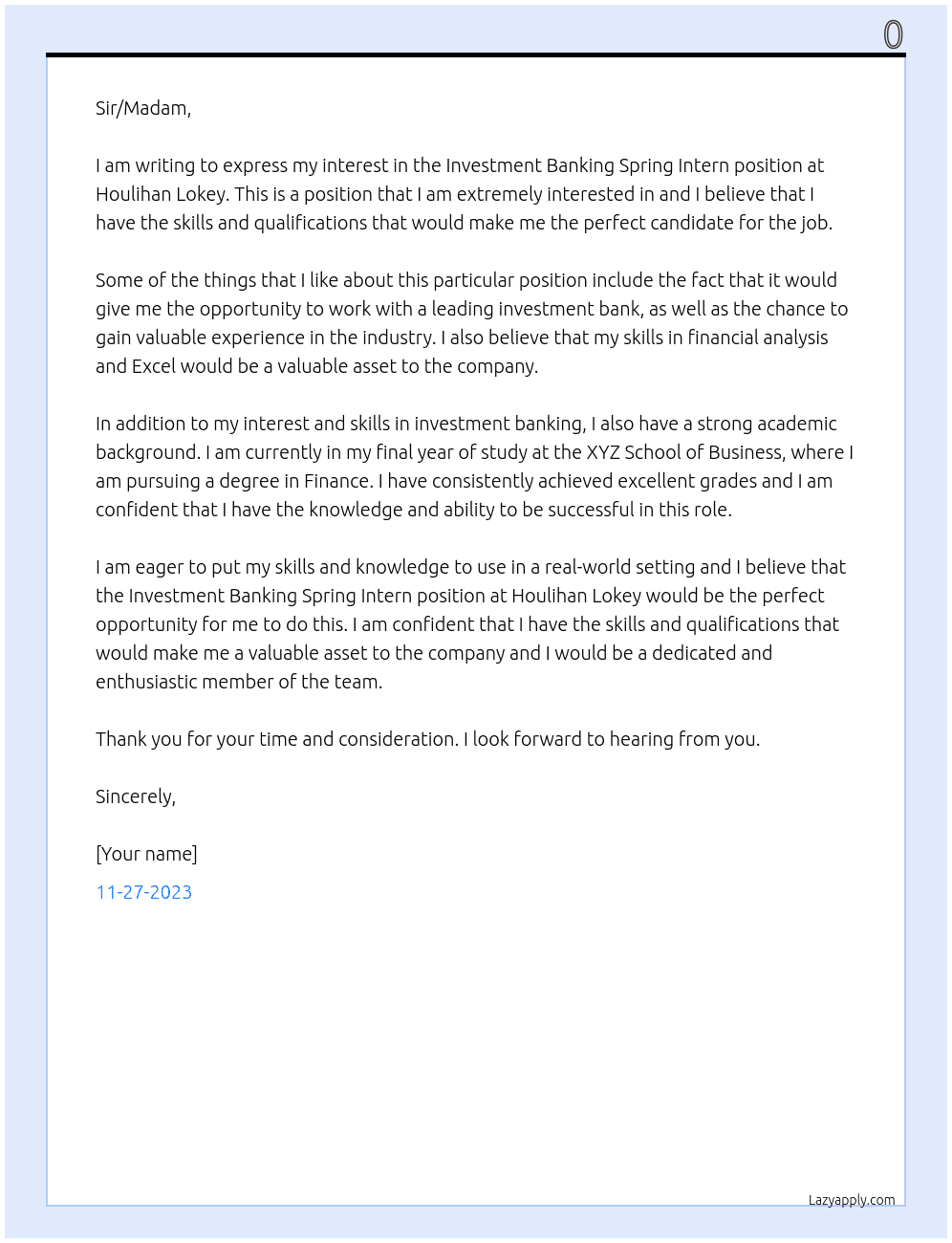 Investment Banking Spring Intern At Houlihan Lokey Cover Letter