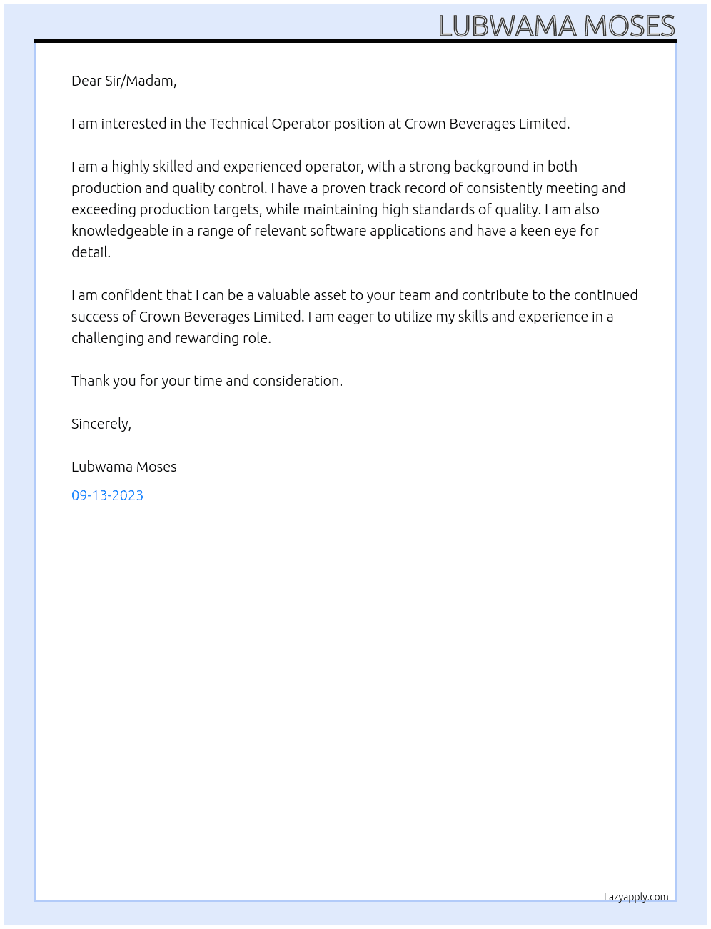 Technical Operator  At Crown Beverages Limited  Cover Letter