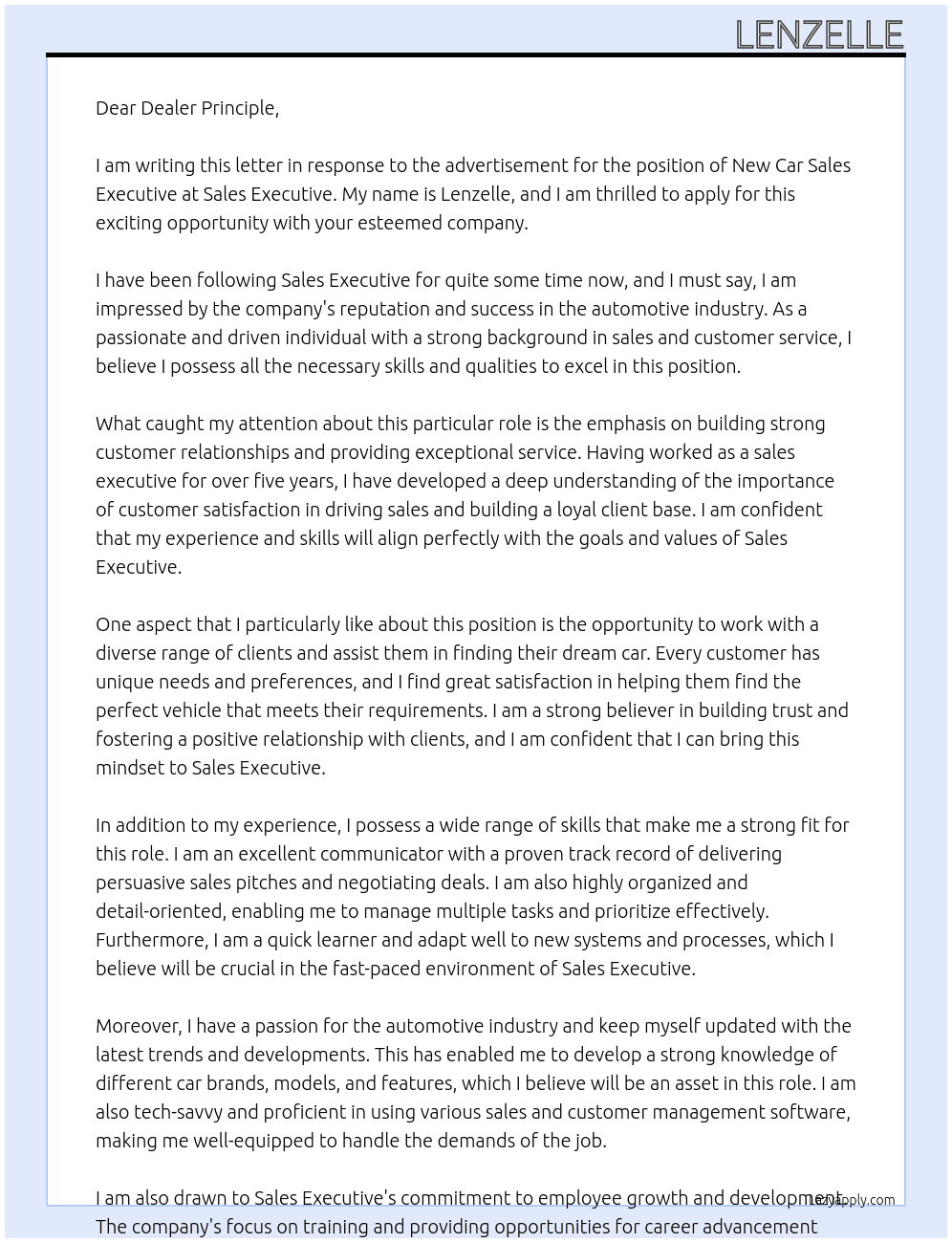 new Car sales Executive At Sales Executive Cover Letter