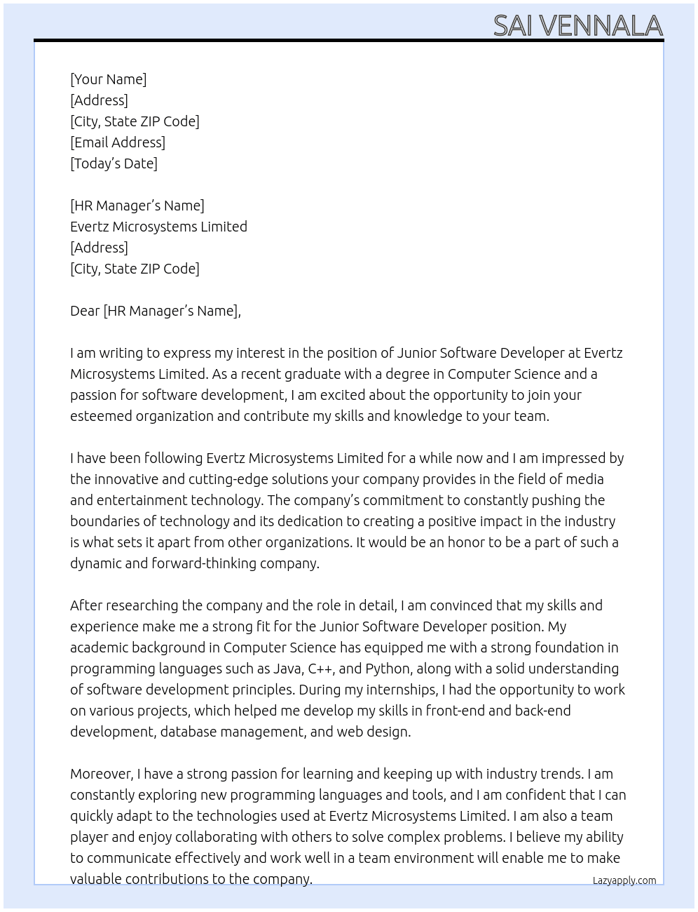 Junior Software Developer At Evertz Microsystems Limited  Cover Letter