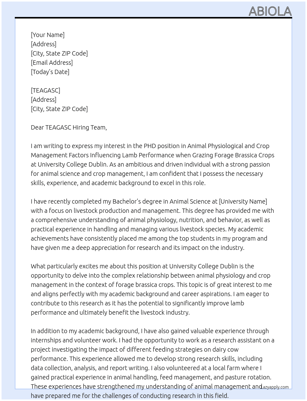 PHD in Animal physiological and crop management factors influencing lamb  performance when grazing forage brassica crops At University College Dublin Cover Letter