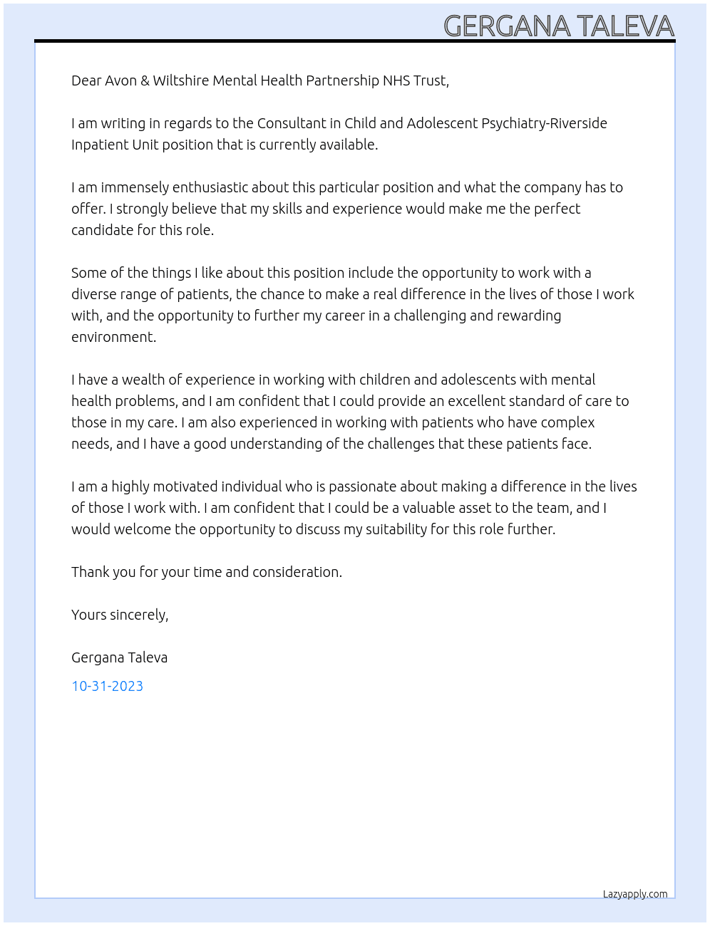 Consultant in Child and Adolescent Psychiatry-Riverside Inpatient Unit At Avon & Wiltshire Mental Health Partnership NHS Trust Cover Letter