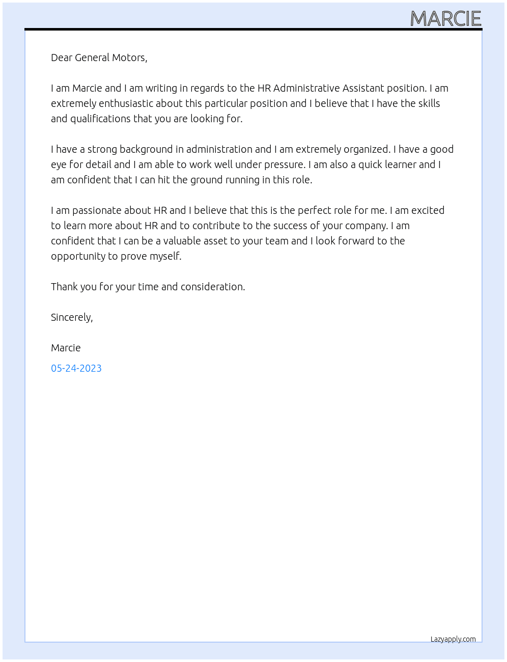 HR Administrative Assistant At General Motors Cover Letter
