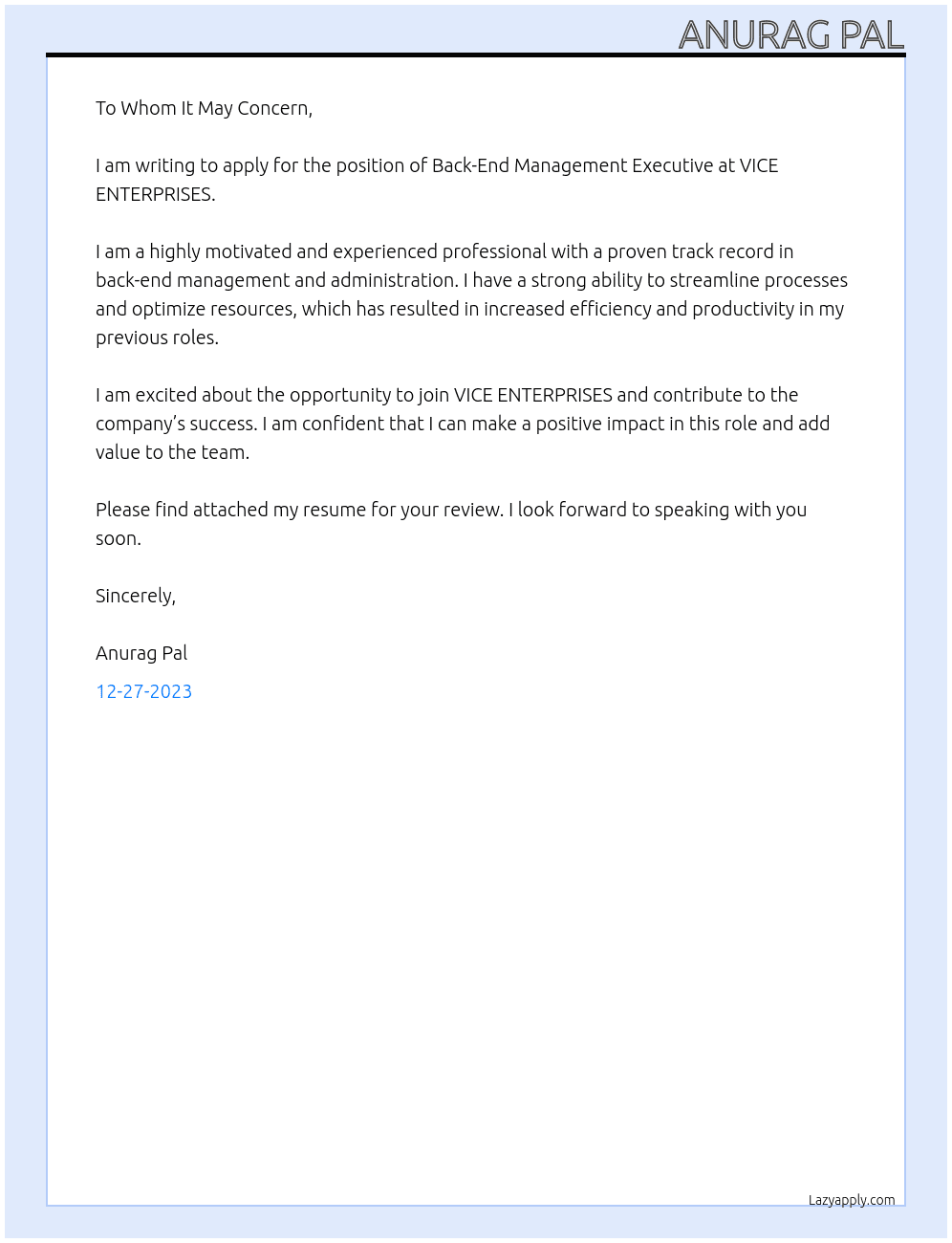 Back-End Management Executive At VICE ENTERPRISES Cover Letter