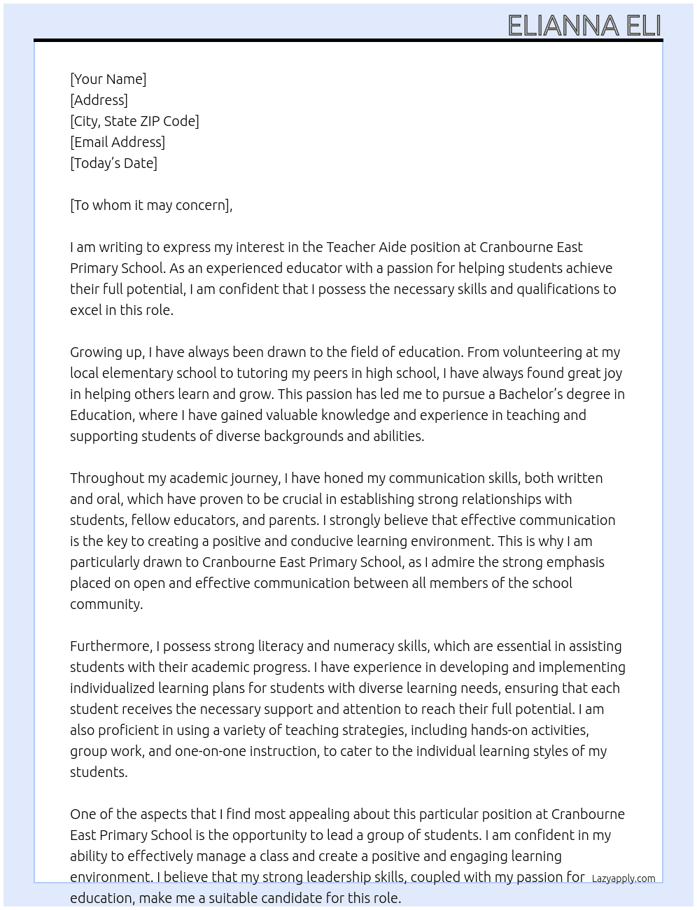 Teacher Aide At Cranbourne East Primary School Cover Letter