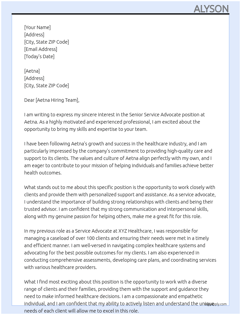 Senior Service Advocate At Aetna Cover Letter