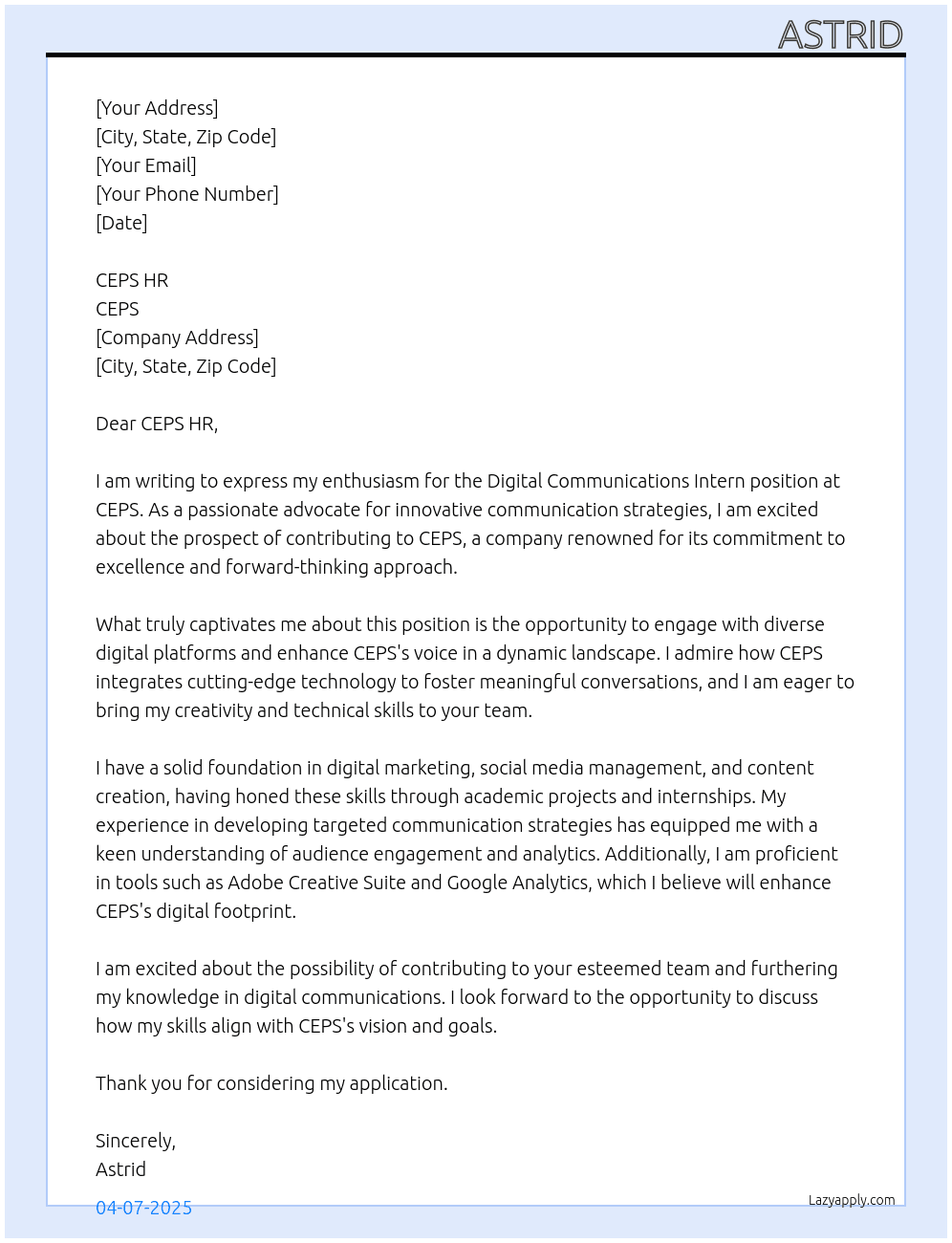 Cover letter for digital communications intern - LazyApply