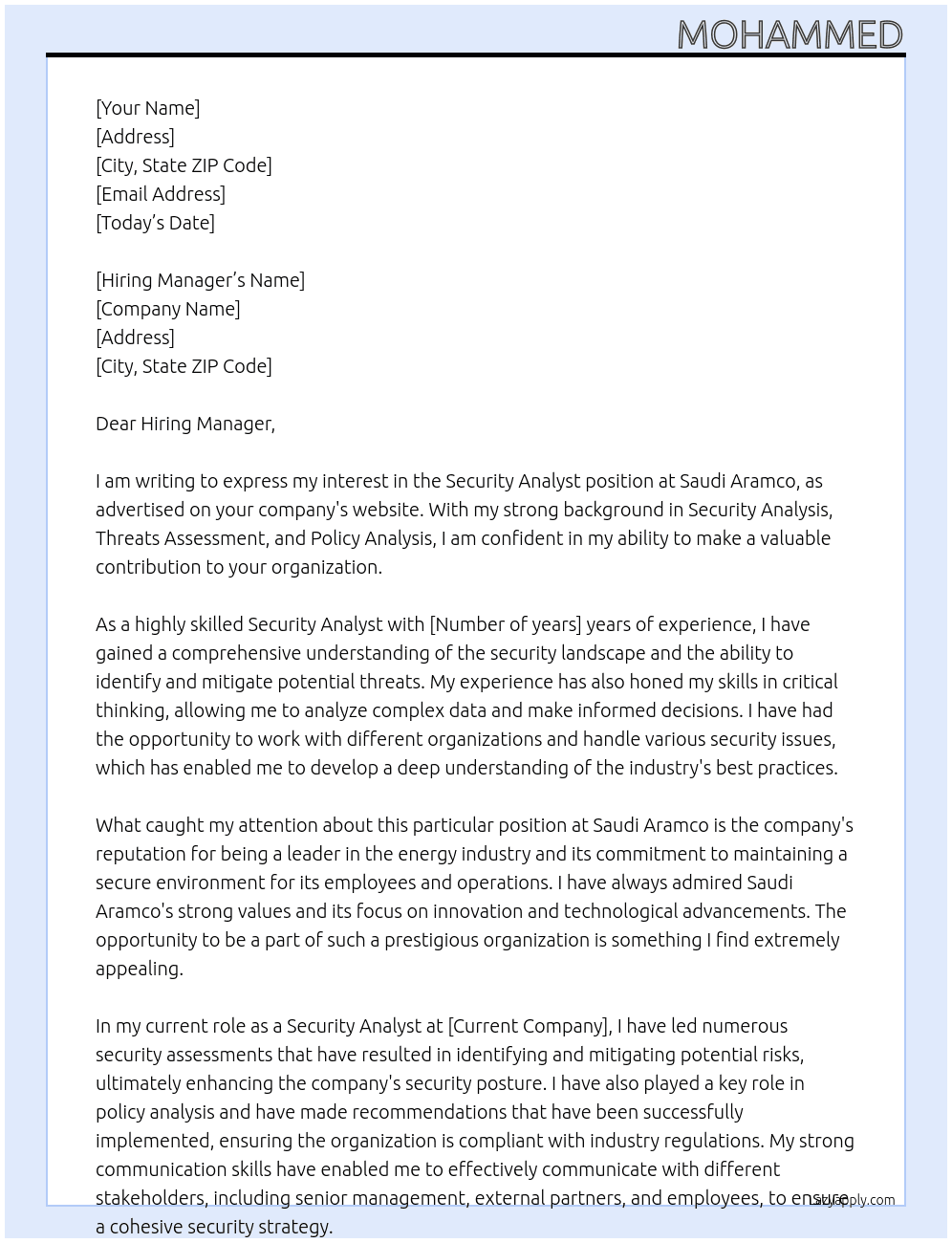 Security Analyst  At Saudi Aramco Cover Letter