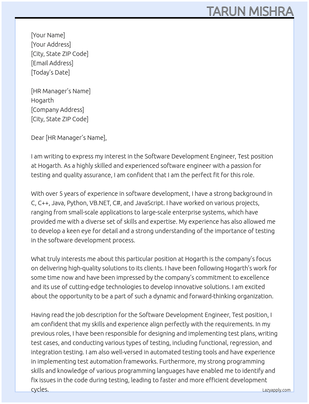 Software Development Engineer, Test At Hogarth  Cover Letter