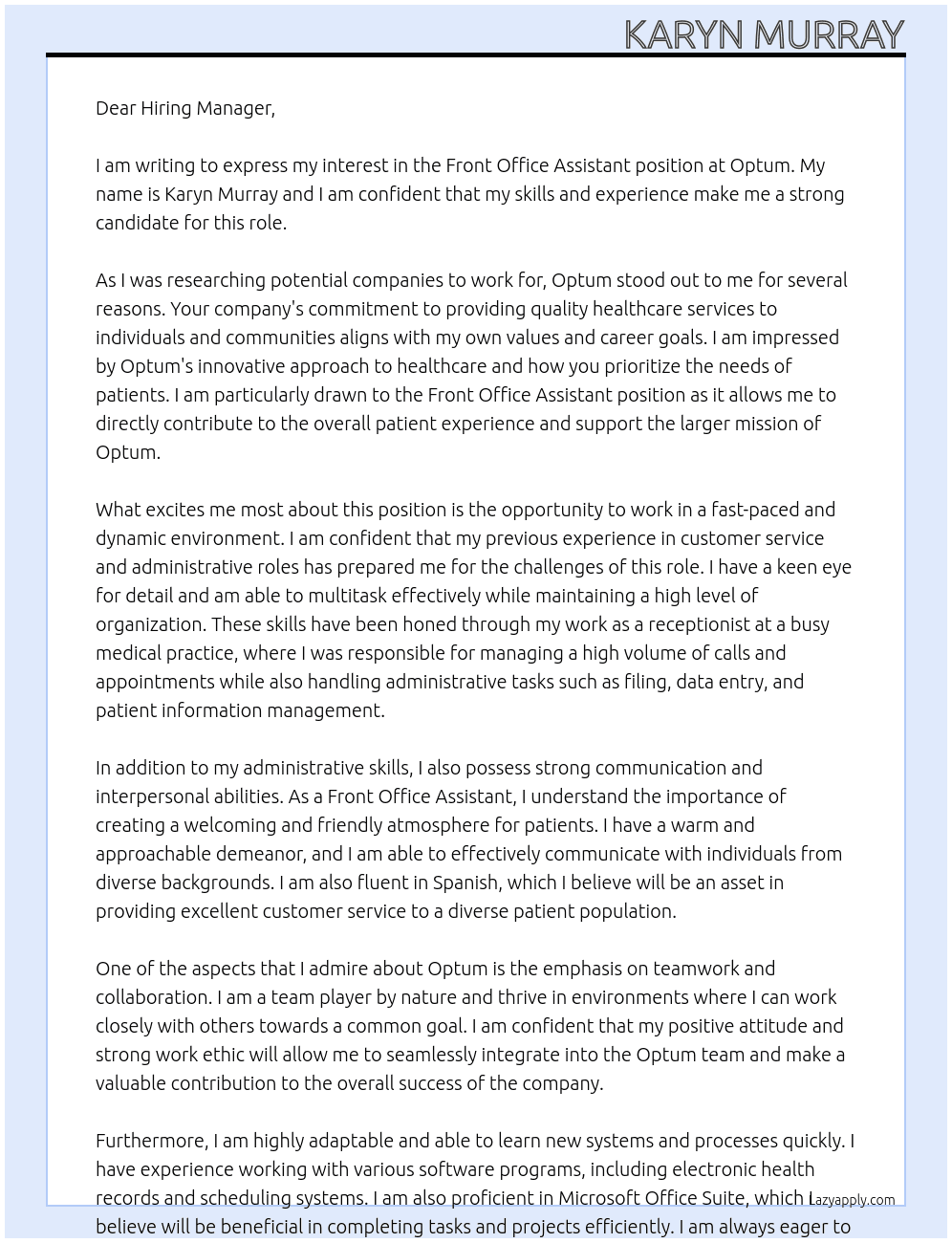 Front Office Assistant At Optum Cover Letter