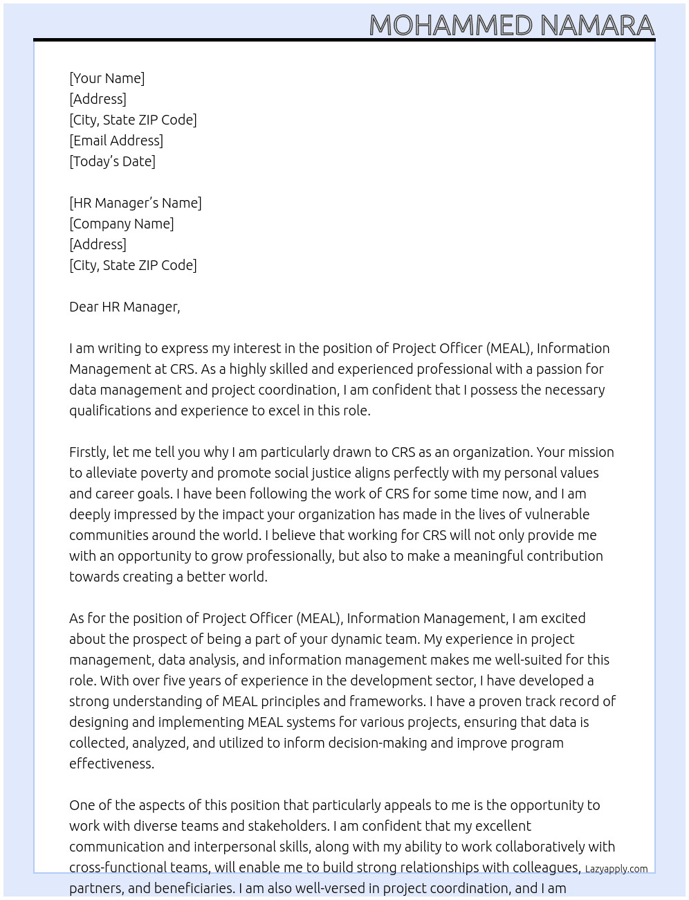  Project Officer (MEAL), Information Management At CRS Cover Letter