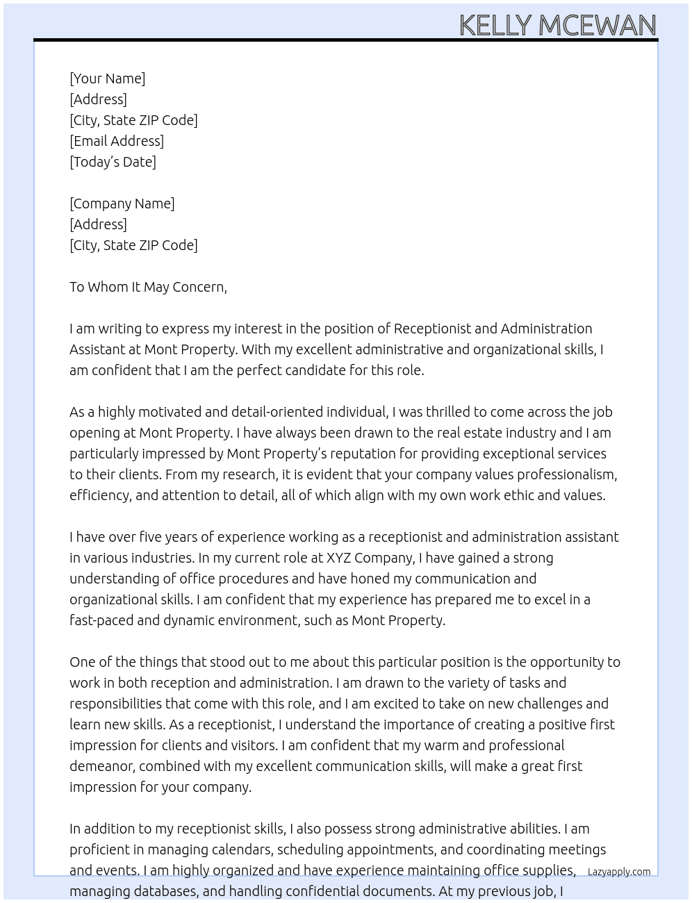 Receptionist and Administration Assistant  At Mont Property Cover Letter